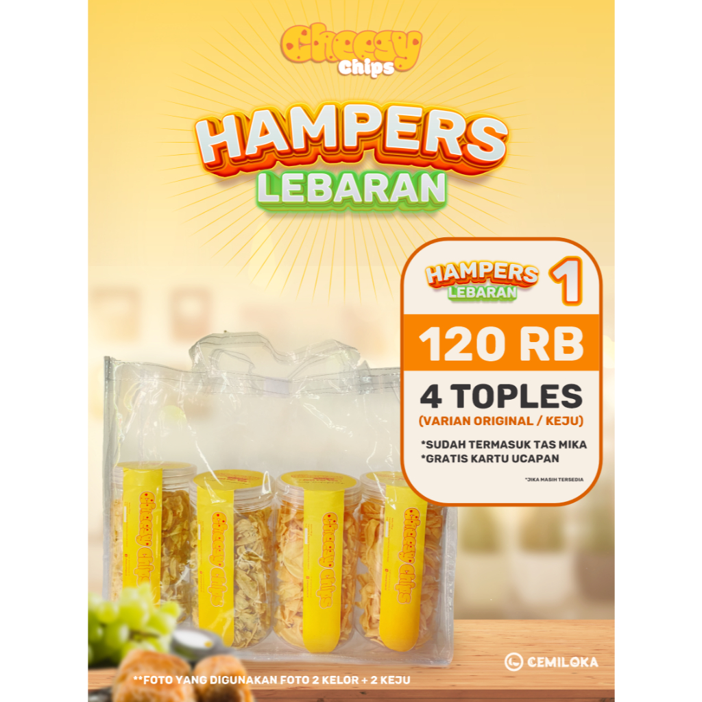

Cheesy Chips Hamper Lebaran 120 RB – Paket Cemilan Toples 4 Varian + Tas Mika & Kartu Ucapan