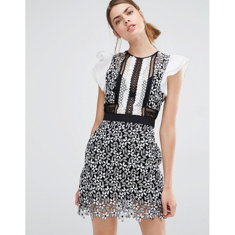 SELF PORTRAIT FRILL SLEEVED DAISY GUIPURE MINI DRESS