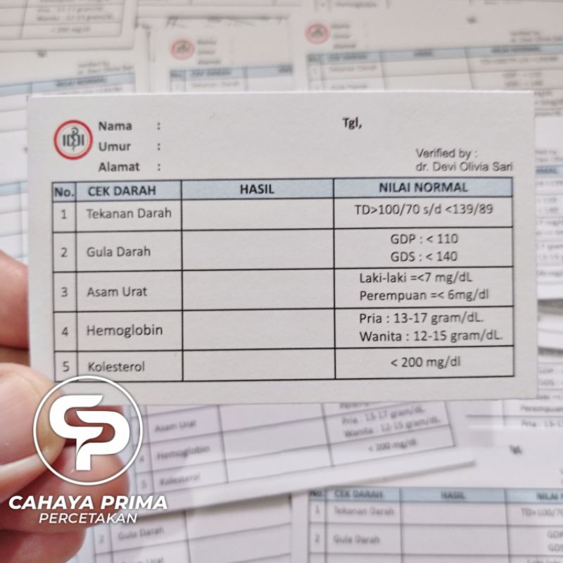 

Cetak kartu laborator pemeriksaan darah sederhana custom