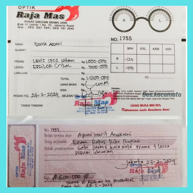 Nota optik | Bon kacamata | Kwitansi pembelian kacamata