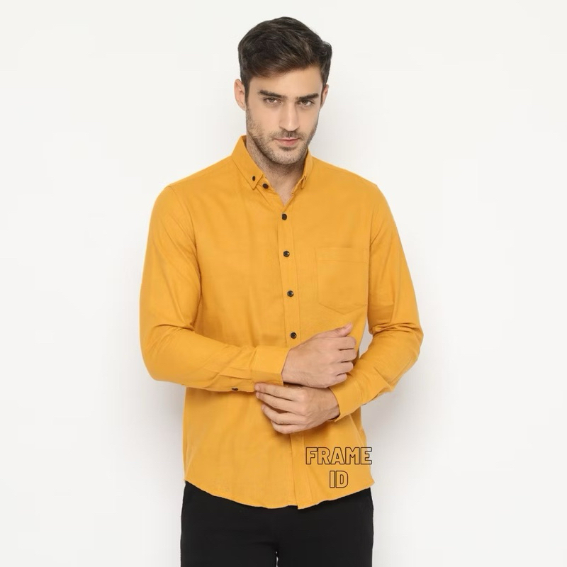 NEW  KOKO KEMEJA POLOSAN LENGAN PANJANG PRIA MUSTARD