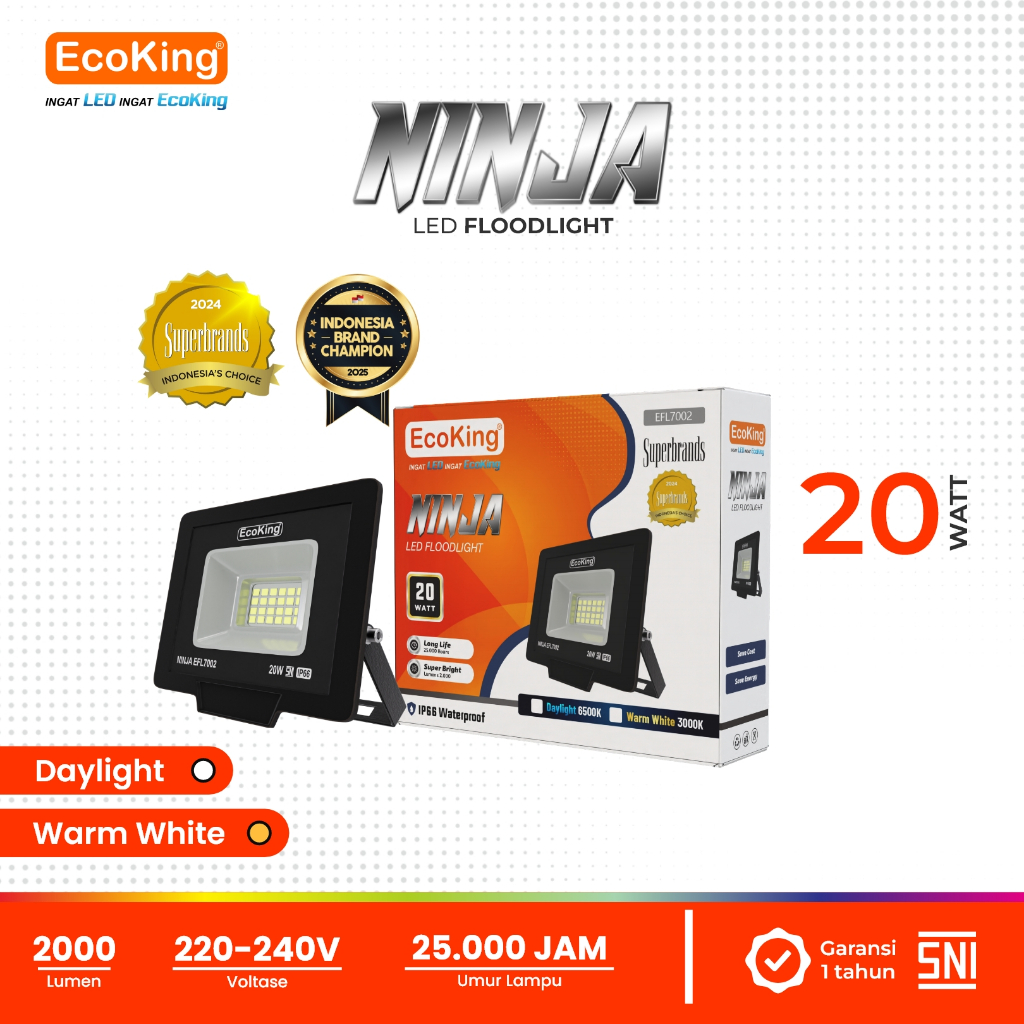 EcoKing Lampu Sorot LED Flood Light Ninja 20W Cahaya Putih/Kuning (NINJA-EFL7002)