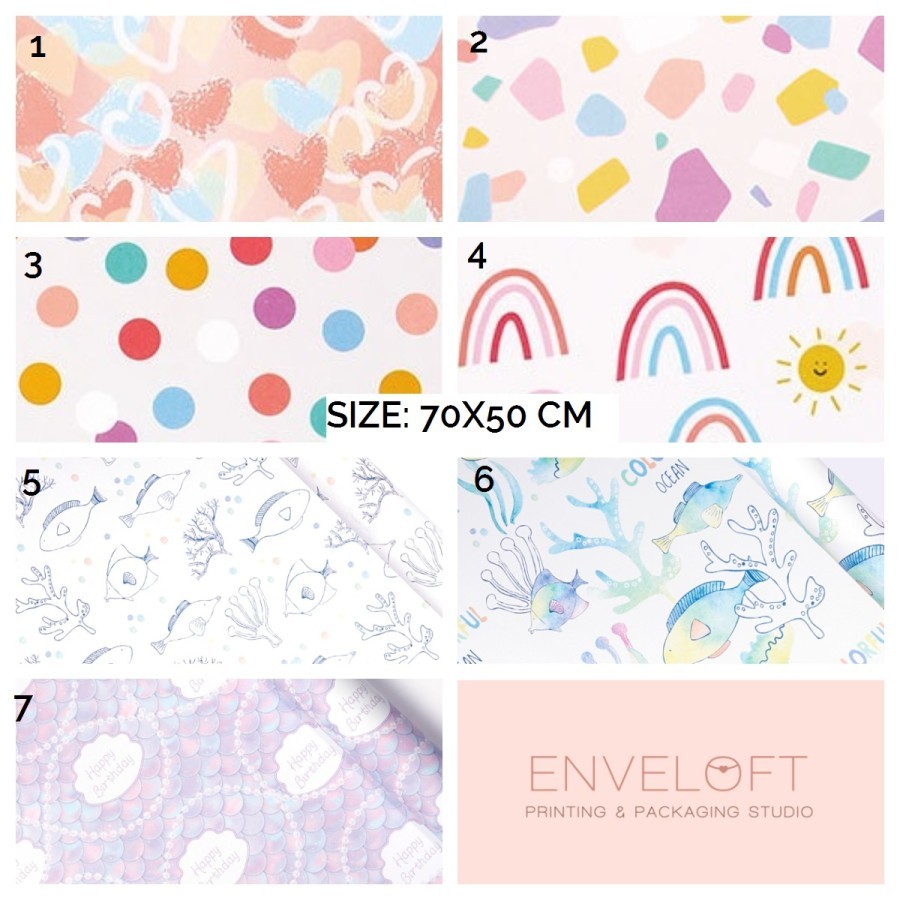 

Kertas Kado Ulang Tahun Wrapping Paper Birthday Anak Bday Motif Rainbow Pelangi Heart Hati Polkadot Fish Ikan Mermaid Scale