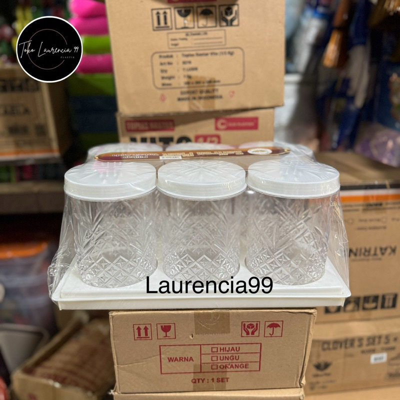 Toples set isi 6 drat / toples set + nampan / toples clover set / toples kue kering / tempat kue / t