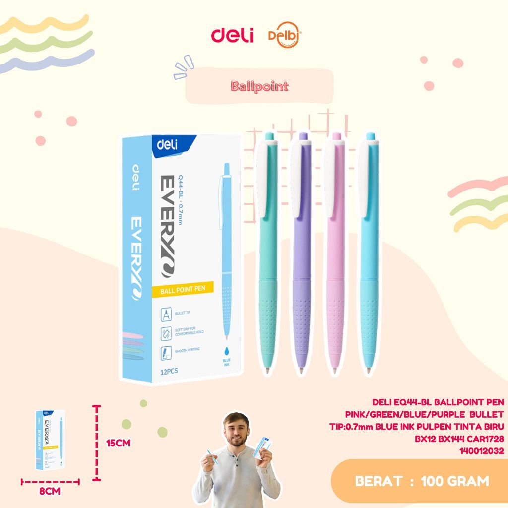 

1 PCS DELI EQ44-BL BALLPOINT PEN PINK/GREEN/BLUE/PURPLE BULLET TIP:0.7mm BLUE INK PULPEN TINTA BIRU