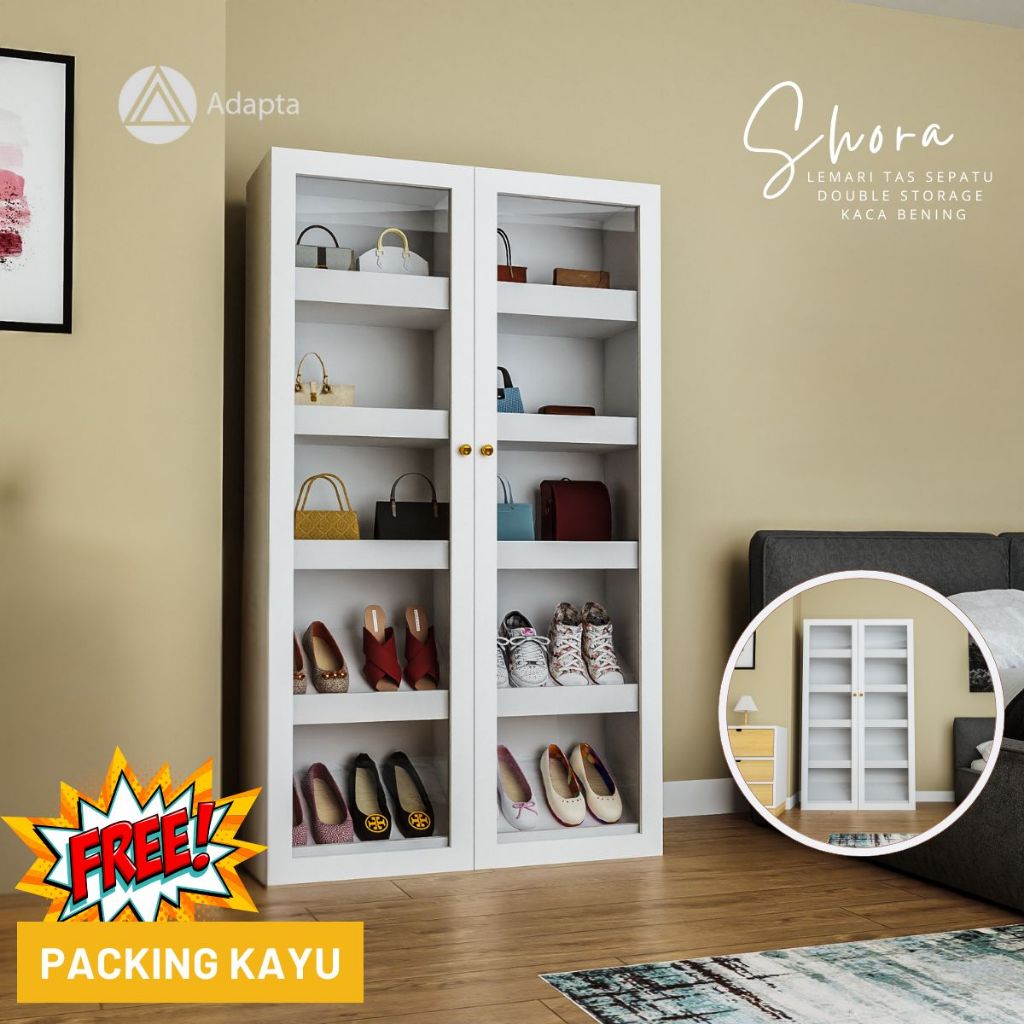 Adapta-Lemari  Tas & Sepatu & Lampu Downlight Minimalis-Rak Sepatu Dua Pintu Kaca Bening-ShoraA69