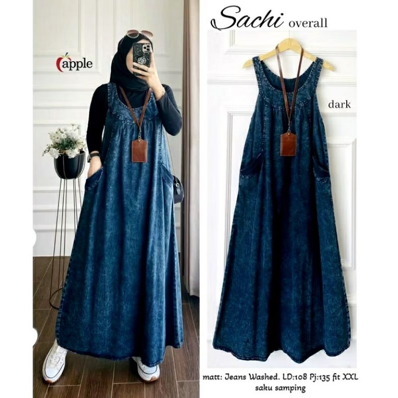 Overall Jeans Wanita / Dress Kodok Denim Casual / Long Dress Jeans Muslimah Modis