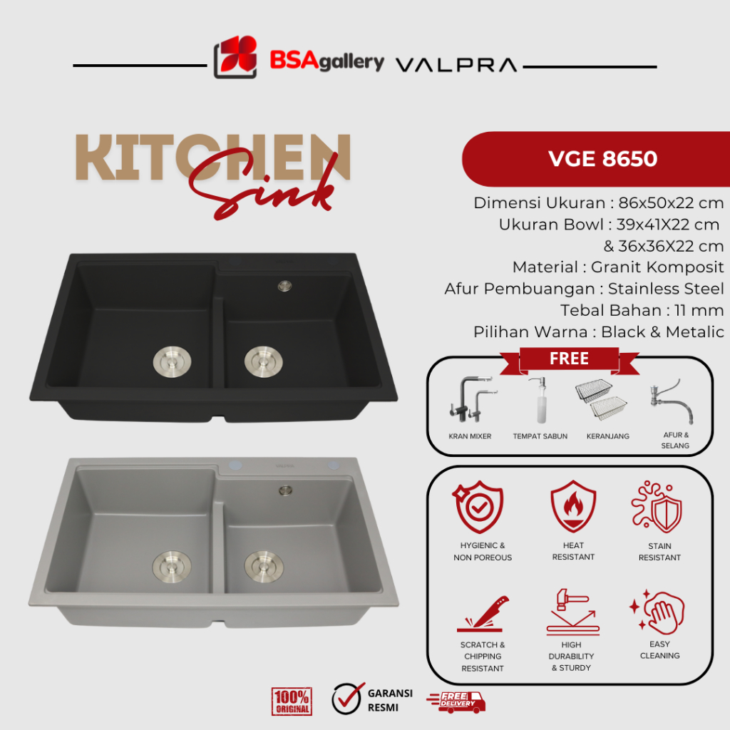 Granite Kitchen Sink V-GE 8650BK+ KERAN / BAK CUCI VALPRA BAHAN GRANIT