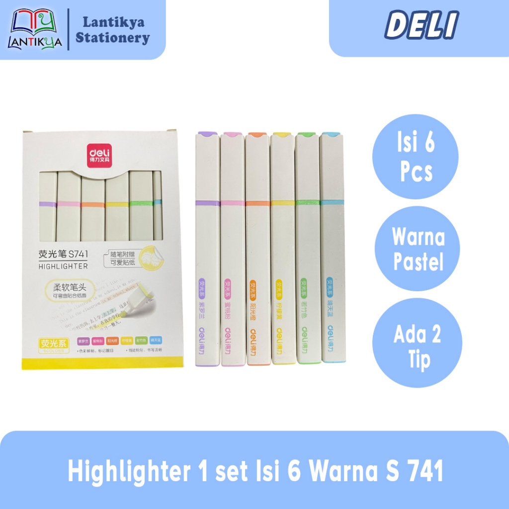

Deli Highlighter / Penanda Warna Dua Tip/ 1 Set isi 6 Pcs S 741