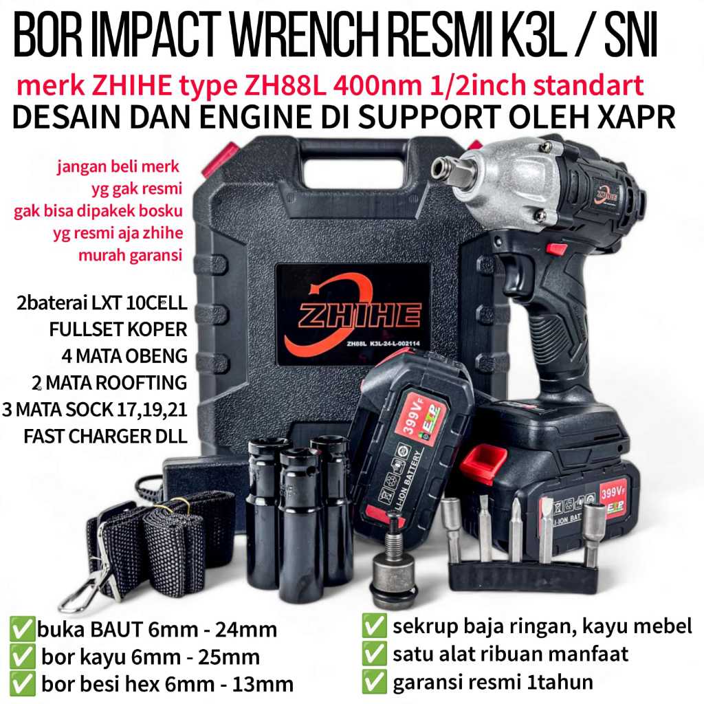 Bor Impact wrench zhihe 2baterai fullset koper 10cell lxt ZH88L desain by xapr group