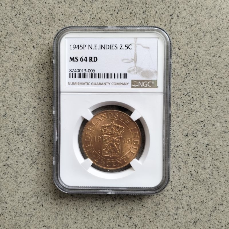 NGC MS 64 RD Nederlandsch Indie 2,5 2½ Cent Sen Tahun 1945 Koin Kuno