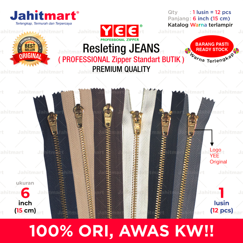 RESLETING / RITSLETING JEANS MERK "YEE" 6 INCI (15CM) "LUSIN"