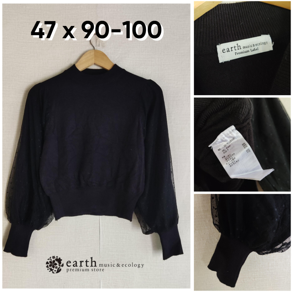 Sweater Knit Earth Music & Ecology Hitam Lengan Mix Tile Cantik Size M Wanita Atasan Cewek Outer JH7