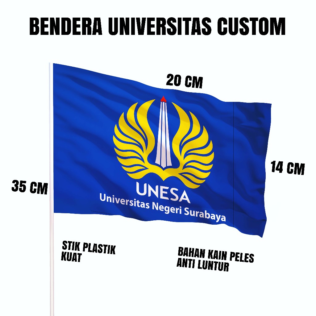 Bendera Tangan Universitas Kampus Custom Nama dan Logo Bahan Kain Ukuran 20x14 cm