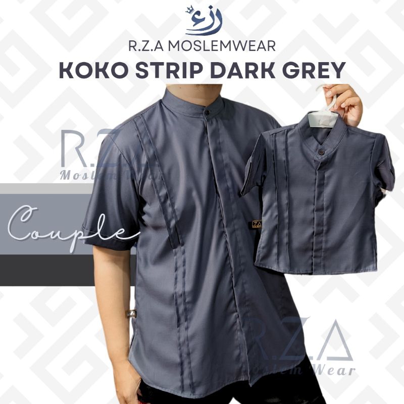 Koko Couple STRIP Abu Tua Dark Grey Ayah Anak Newborn Jumbo Kemeja Baju Lebaran Sarimbit Oversize Ba