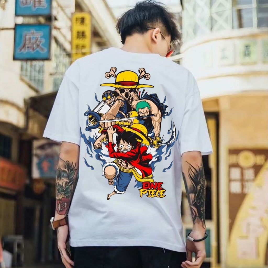 KAOS PUTIH PRIA LENGAN PENDEK MOTIF ONE PIECE COWOK KEREN 2025 ATASAN KAOS MOTIF BERGAMBAR