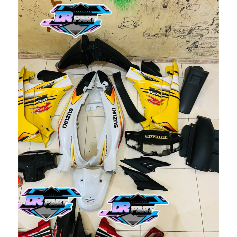 Paket Lengkap Body Fullset Halus Kasar Suzuki satria Lumba Custom Stiker Warna Putih mutiara Kuning