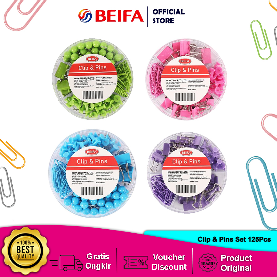 

Beifa Paperclip Binder Clip Push Pin Set / Kombinasi Penjepit Kertas Lucu 125 PCS Per Tube FH101