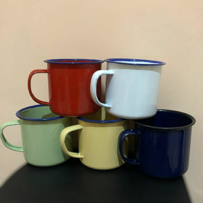 Gelas seng cangkir mug enamel polos dan motif, gelas gunung, gelas outdoor