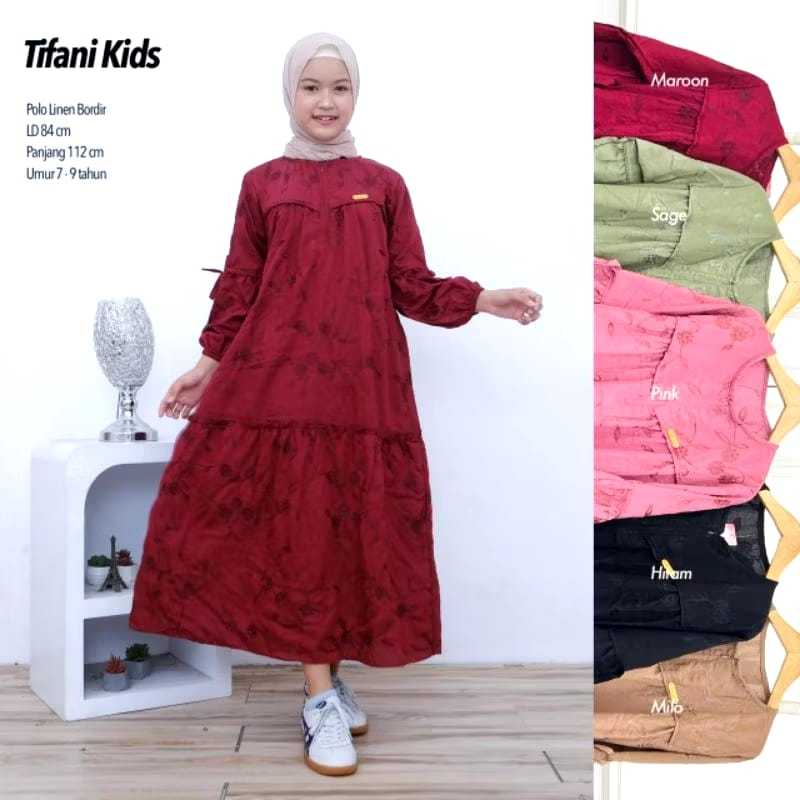 Tiffani Dress, Gamis Anak Bahan Polo Linen Bordir