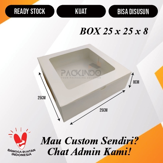 

(10 pcs) Tempat Kue Kotak Dus Wadah Ivory Polos 25 cm x 25 cm x 8 cm Jendela Mika