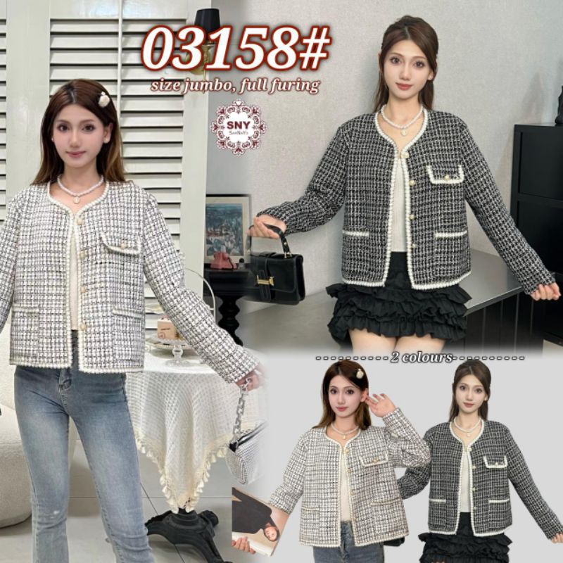 blezer wanita kode 158# / 3158# fashion jumbo ld 110cm bahan tweed premium adem dan nyaman lengan pa