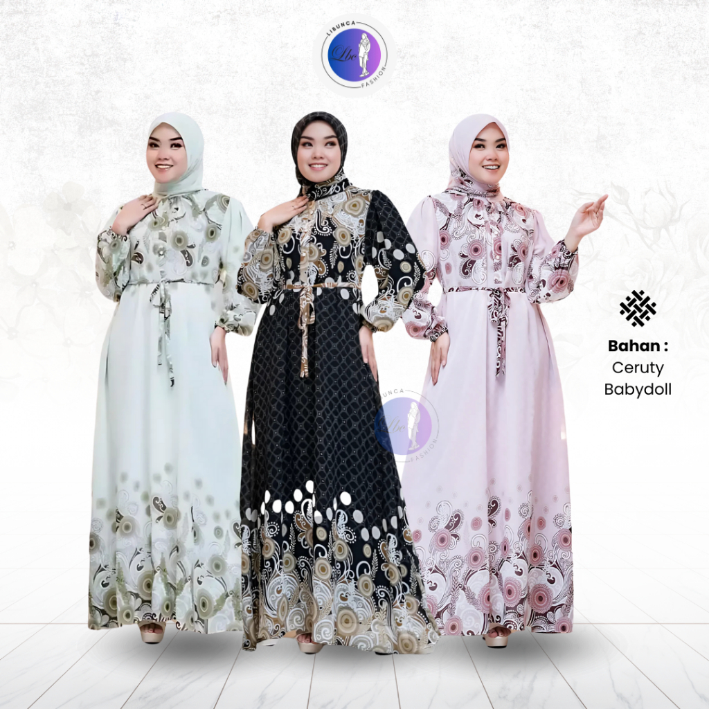 Gamis Set Hijab Libunca Ceruty Babydoll Motif Salur Etnic Sultan Kancing Depan Busui Friendly Dress 