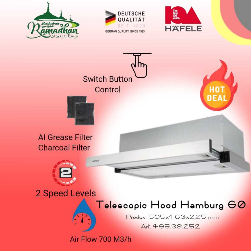 Hafele 495.38.252 Penghisap Asap Dapur Hamburg Series - Stainless Steel dengan Lapisan Black Glass, Lebar 595mm, Daya 230W