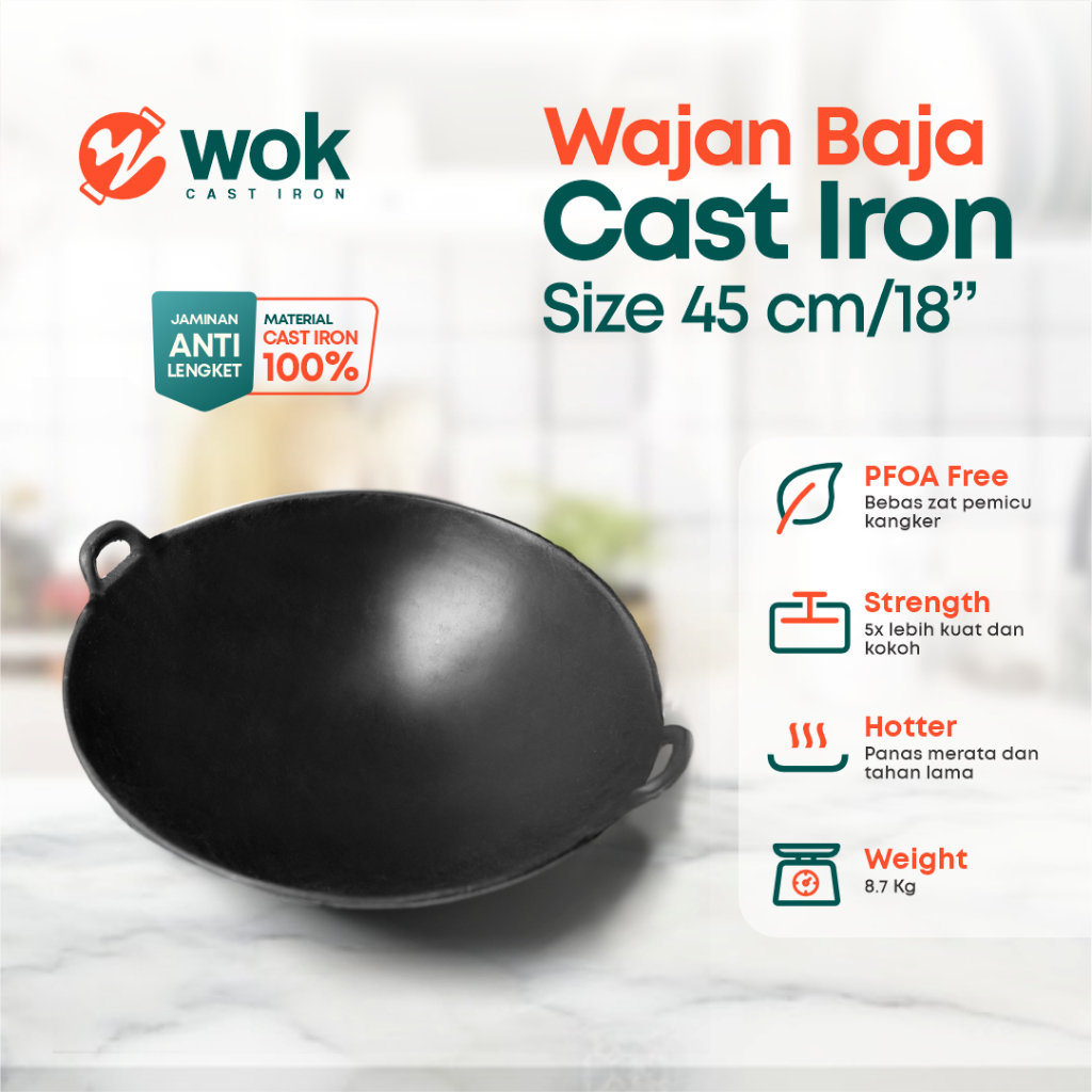 Wajan Baja Cor Seasoned 18” (45cm) Tebal / Kuali Besi Cor / Wok Cast Iron / Wajan Penggorengan