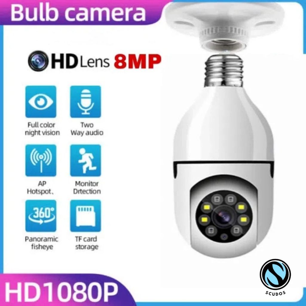 SCUDOS CCTV Lampu V380 Pro 8MP Kamera CCTV Wifi Lampu CCTV 360 PTZ & Memory Card