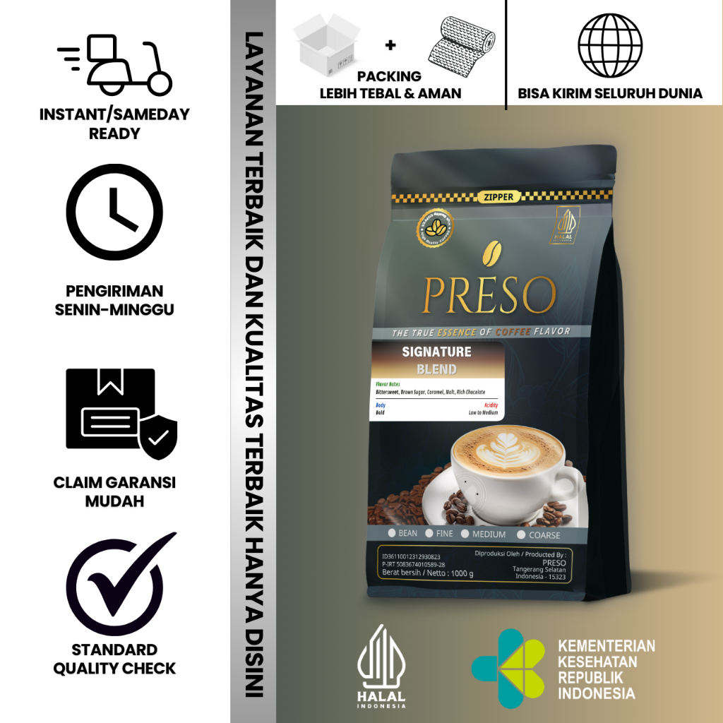 

PRESO Biji Kopi Bubuk Signature Blend House Blend 20% Arabika 80% Robusta Coffee Beans Coffe 1000gr