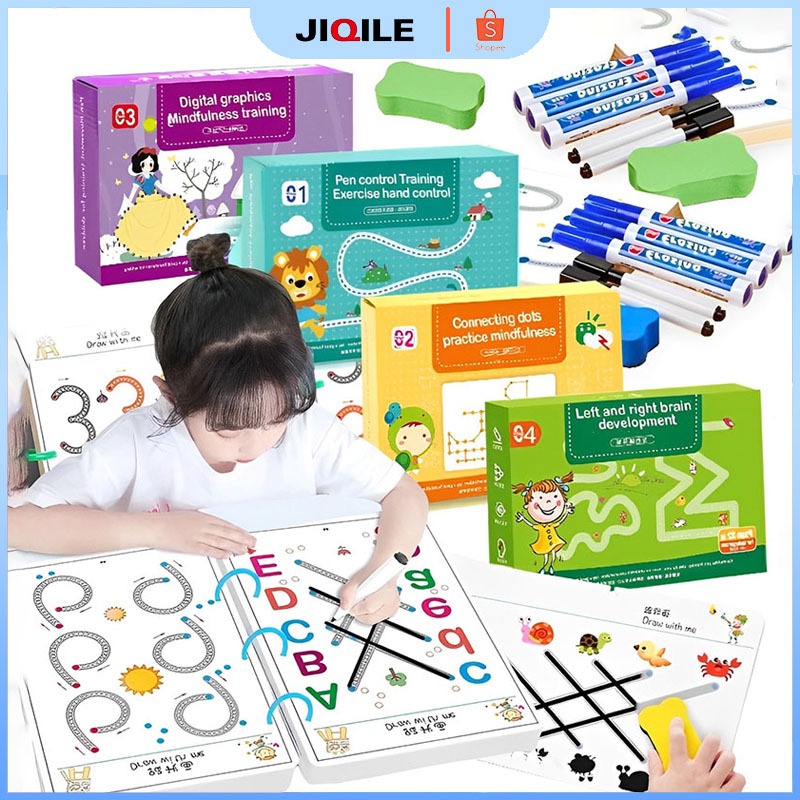 Terlaris JIQILE 136PCS Magic Workbook Buku Anak 2 Tahun Worksheet Anak 2 Tahun Buku Wipe And Clean
