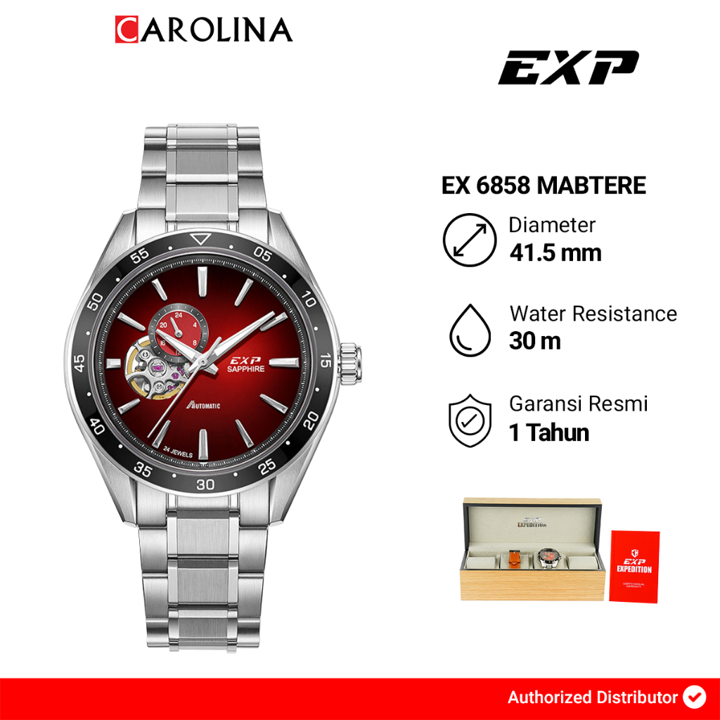 Jam Tangan Pria Expedition Exp Chronograph Exp EX 6858 MABTERE Red Dial Silver Stainless Steel Strap
