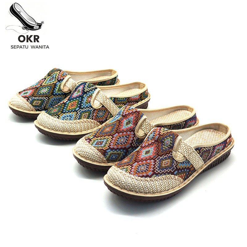 OKR Sandal Batik Wanita - Kain Linen Bernapas & Sol Empuk Anti Slip, Slip On