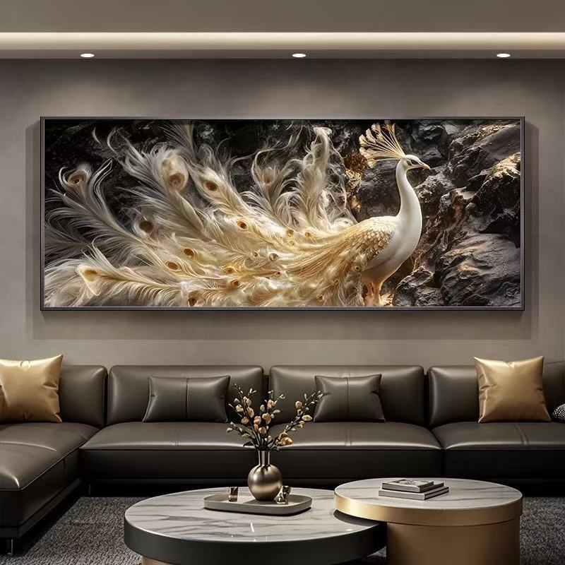 Lukisan Porcelain  5D Diamond Horizontal Motif Burung Phoenix/Merak Pajangan Dinding Porselen 5 Dime