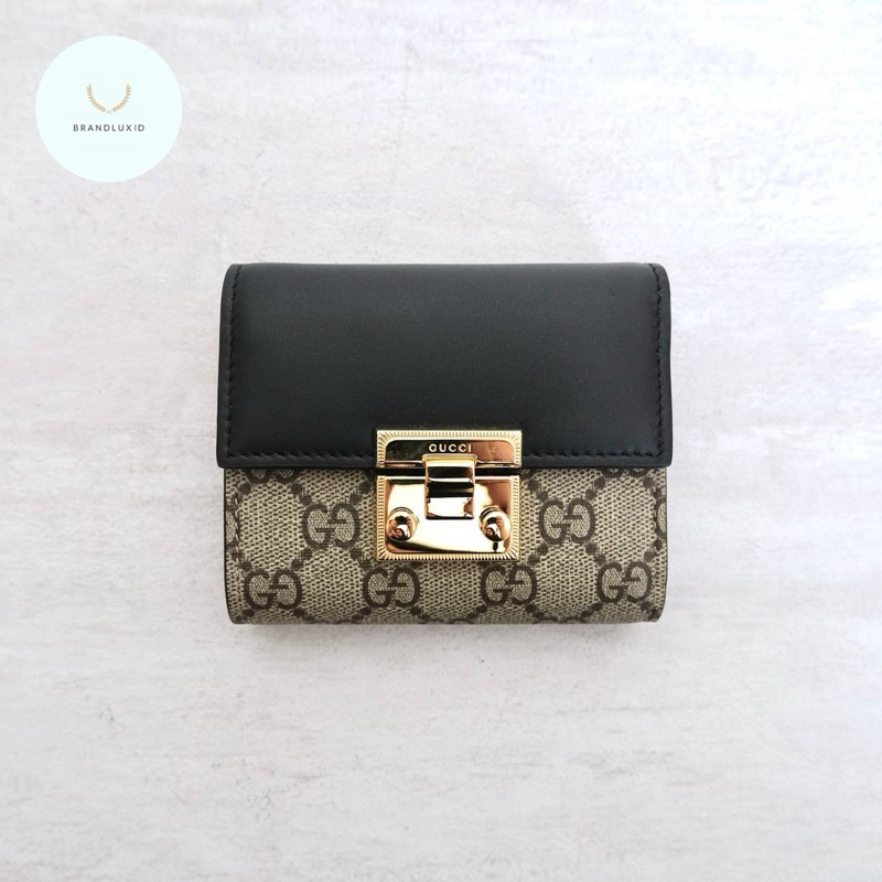 Gucci Trifold Wallet Padlock Supreme Canvas / Leather in Beige / Black / Brown