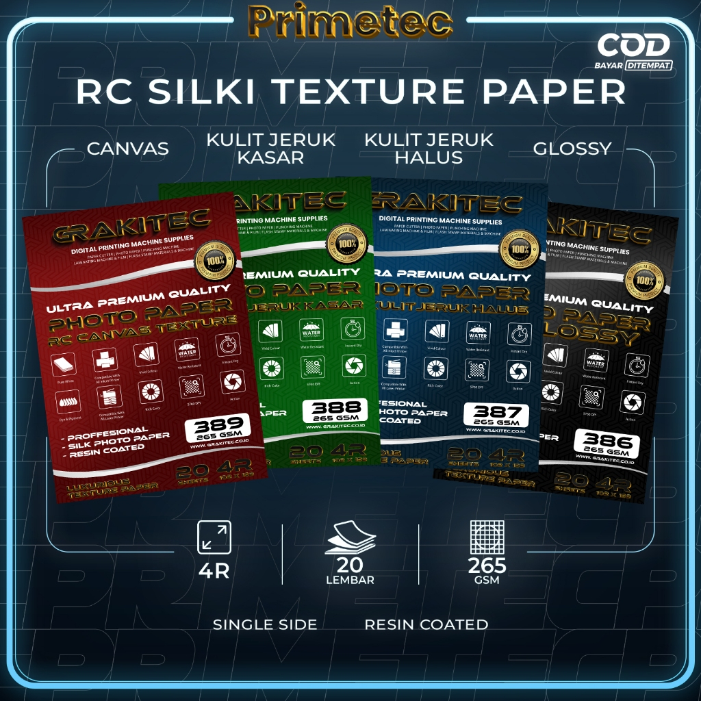 

Kertas Foto Silki Texture 4R 20 Lembar Professional Silki, RC Glossy Photo Paper,Doff Halus, Canvas, Doff Kasar / Luster Resin Coated Primetec