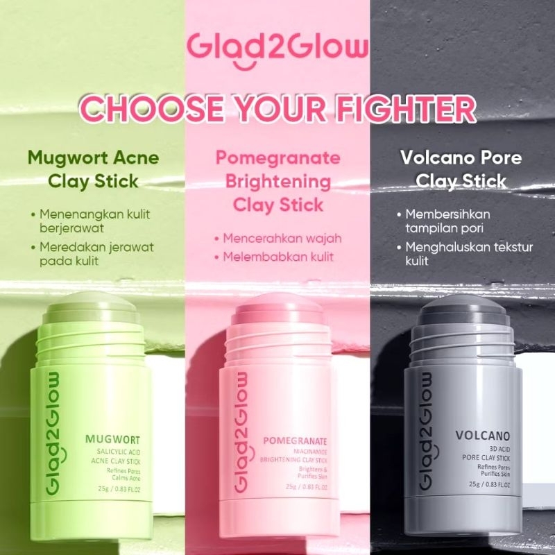 Glad2Glow Real Mugwort Salicylic Acid Acne Clay Stick 25g Masker Stik g2g