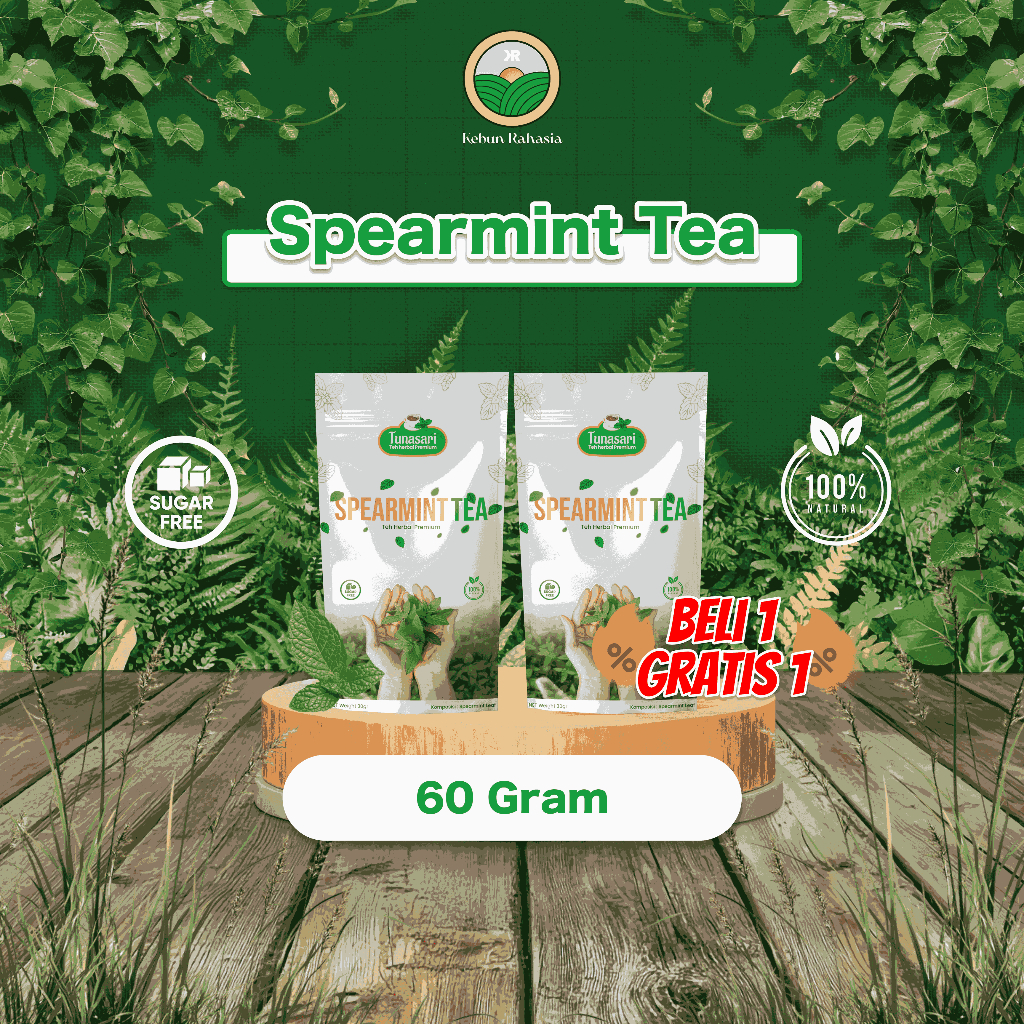 

TUNASARI Kebun Rahasia - Pure Spearmint Tea 60 gram | Original Teh Daun Mint Premium | Blended Spearmint Tea | Teh Spearmint Premium | Teh Racik Herbal untuk Jerawat Hormonal | PCOS | Promil