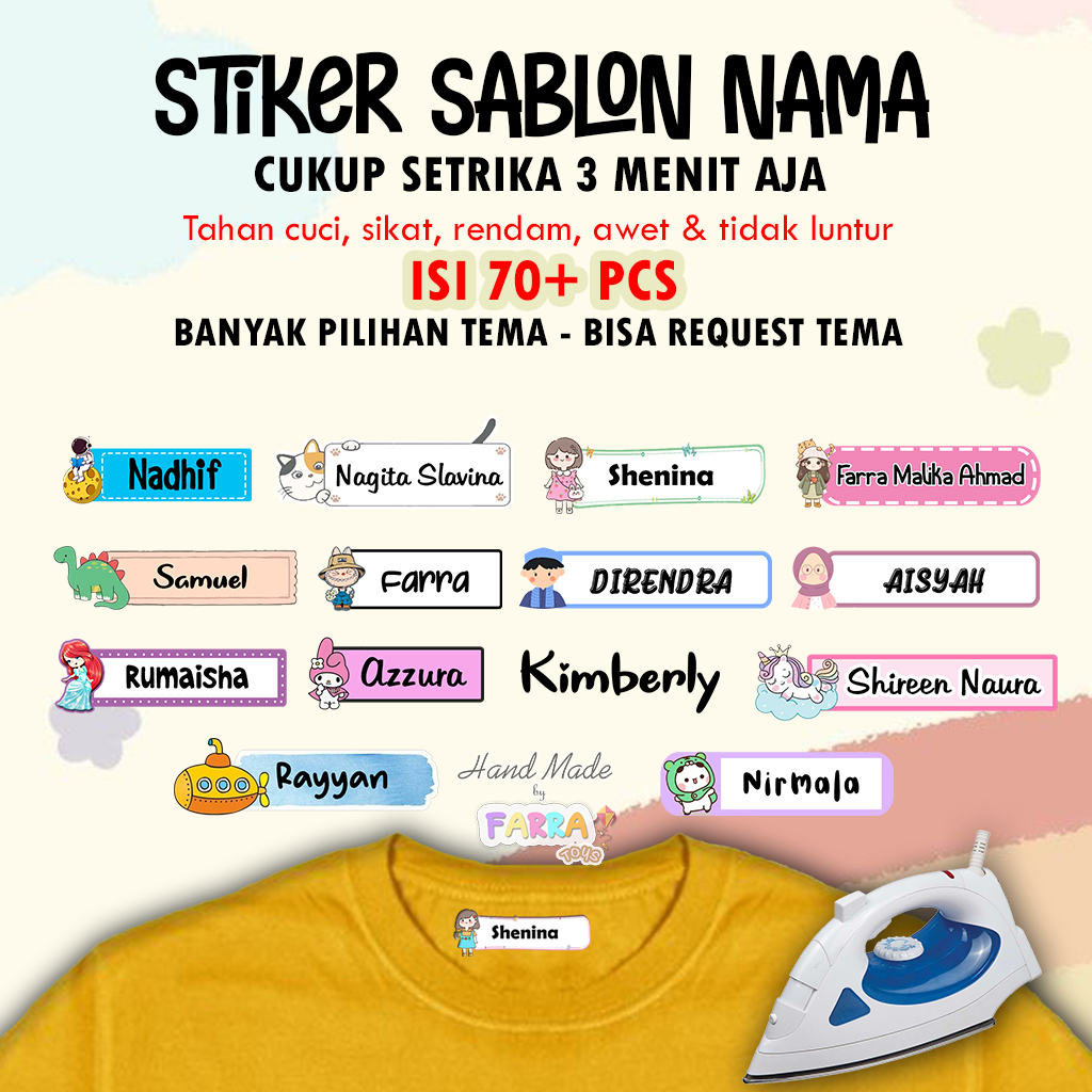 

Stiker Kain Custom Sticker Baju Stiker Setrika Label Nama isi 70+ pcs by Farra Toys