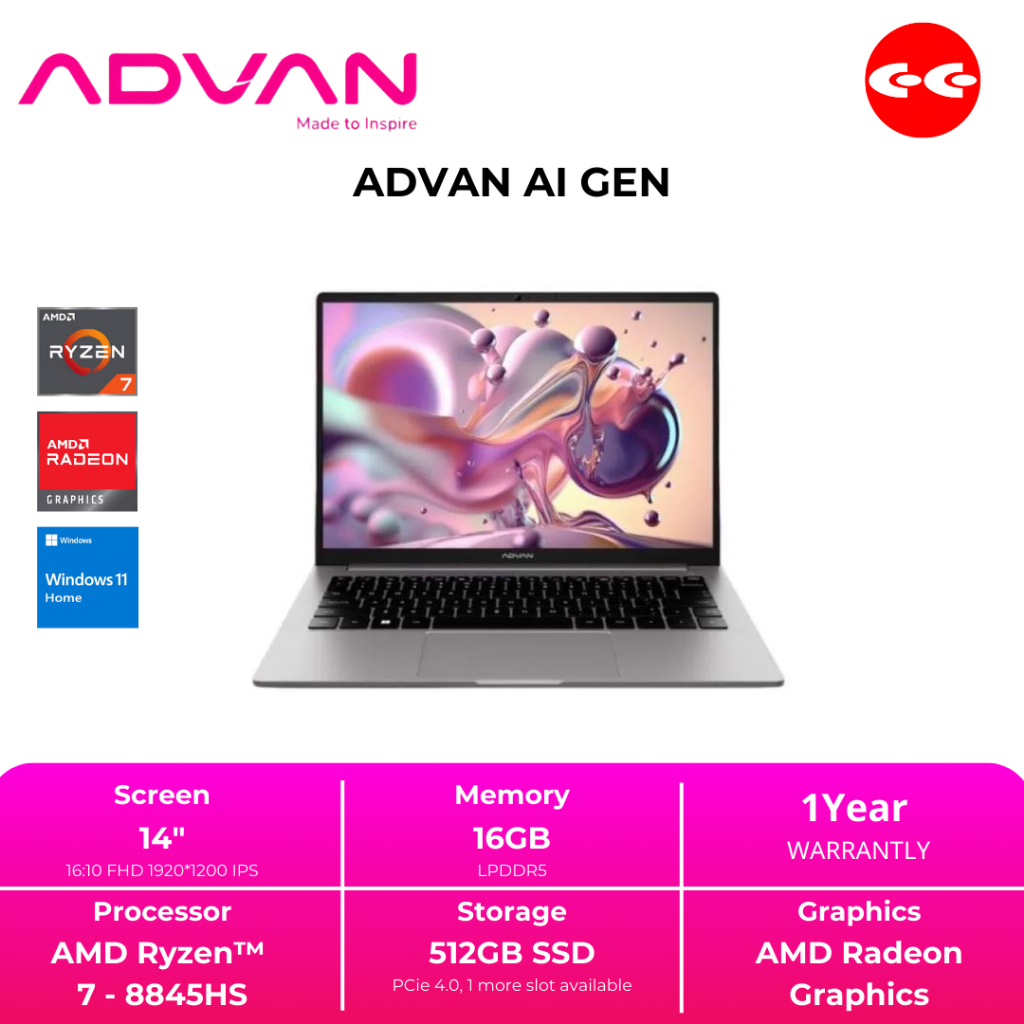 ADVAN AI GEN RYZEN 7 8845HS RAM 16GB SSD 512GB WIN11