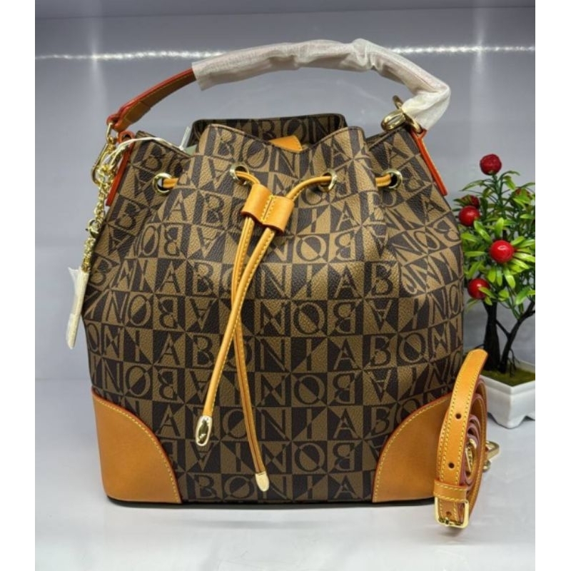 tas serut bonia original bucket bag monogram coklat size M