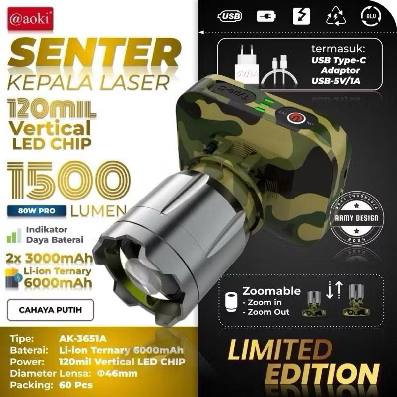 AOKI 3651 Senter Kepala LED Zoom Laser 80 Watt 1500 Lumen Aoki AK-3651A/AK-3652K Army PRO Cahaya Put