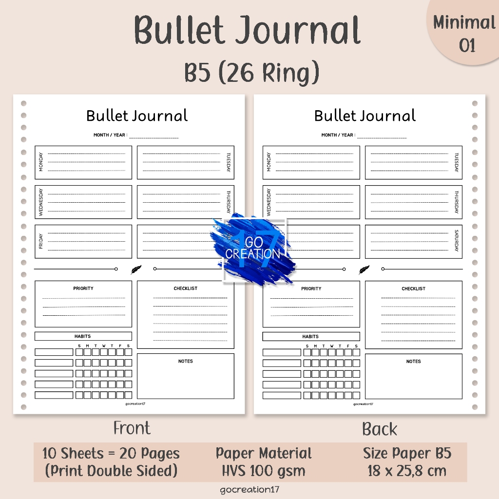 

Buku Planner Kertas Isi Binder Bullet Journal Simple Minimalis B5