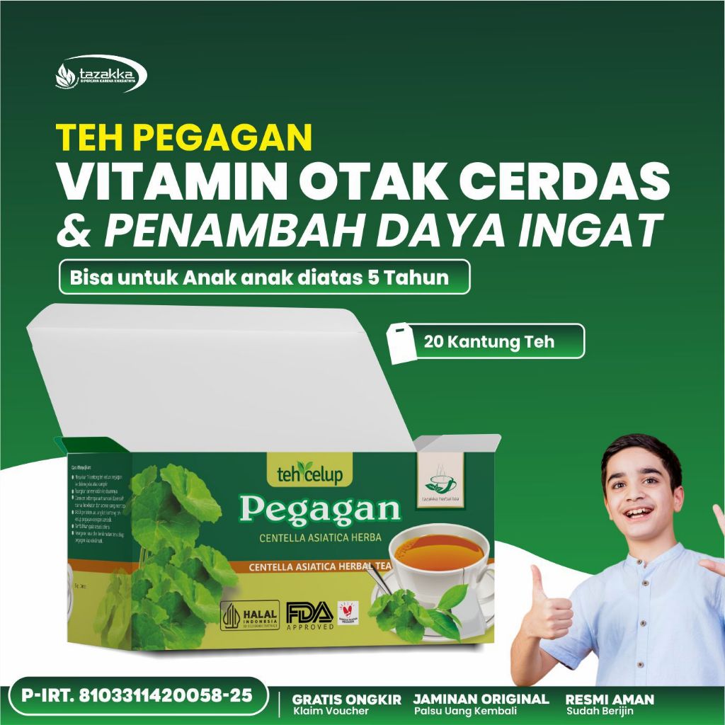 

TEH PEGAGAN ASLI TAZAKKA ISI 20 TEH CELUP Sebagai minuman kesehatan Melancarkan aliran darah Meningkatkan fungsi kognitif otak Membantu mengobati penyakit Alzheimer Obat antidepresan yang efektif Meredakan sakit kepala / pusing