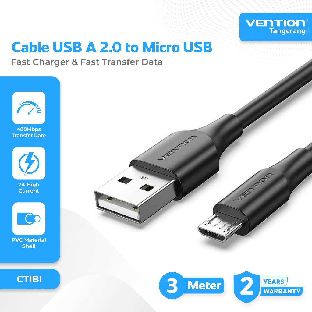 Vention Kabel Charger Data USB 2.0 Male To Micro USB Male Fast Charging 2A Black Charger Cable 3M 3 