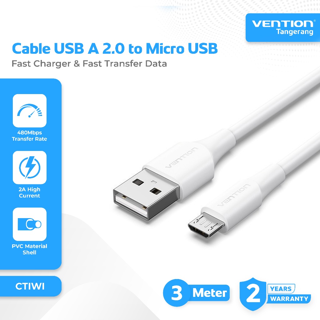 Vention Kabel Charger Data USB 2.0 Male To Micro USB Male Fast Charging 2A White Charger Cable 3M 3 