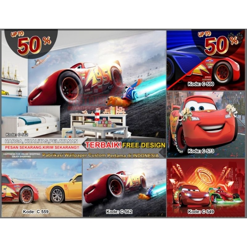 Wallpaper Custom 3D Tema MCQueen Cars | Kartun Animasi Anak Mobil | Wallpaper Dinding | Wallpaper Ka
