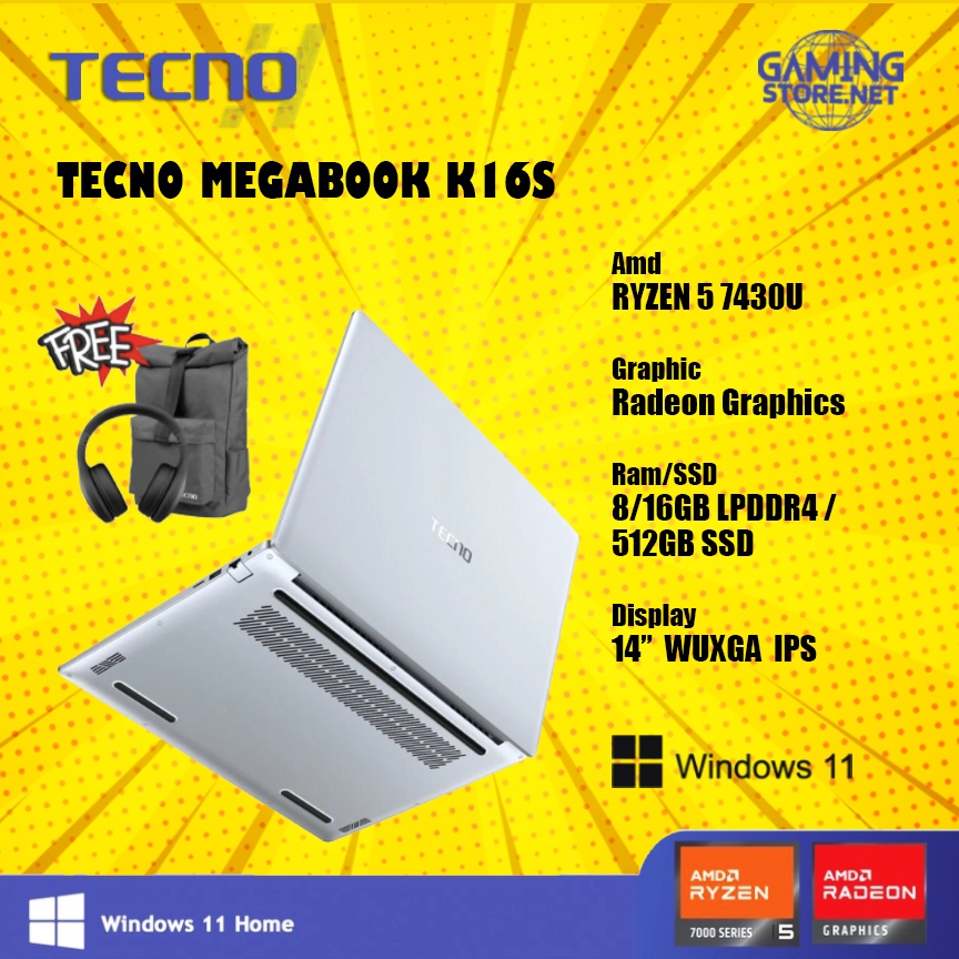 Laptop TECNO Megabook K16S Ryzen 5-7430U RAM 16GB 512GB SSD 16.0 WUXGA IPS 100sRGB