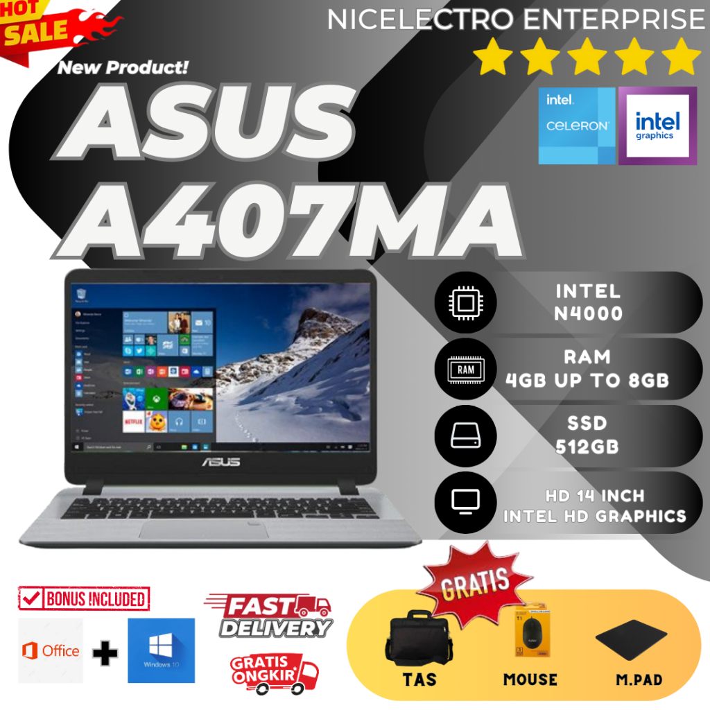 LAPTOP ASUS VIVOBOOK A407MA | INTEL N4000 | RAM 8GB | SSD 512GB | 14 INCH | FREE BONUS